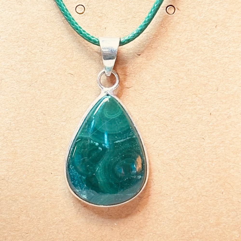 925 Sterling Silver Plated & Malachite Pear Shape Pendant Genuine Stone EUC